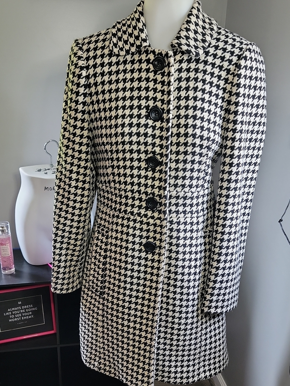 Anne Klien Houndstooth Button Down Black Whit Coat Size Small